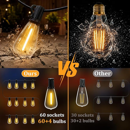 GLUROO String Lights for Outside 120FT, 60+4 Pcs Vintage Bulbs LED Outdoor Edison String Lights Waterproof, Shatterproof Connectable Patio Lights Outdoor, Dimmable Hanging Lights for Backyard,Bistro