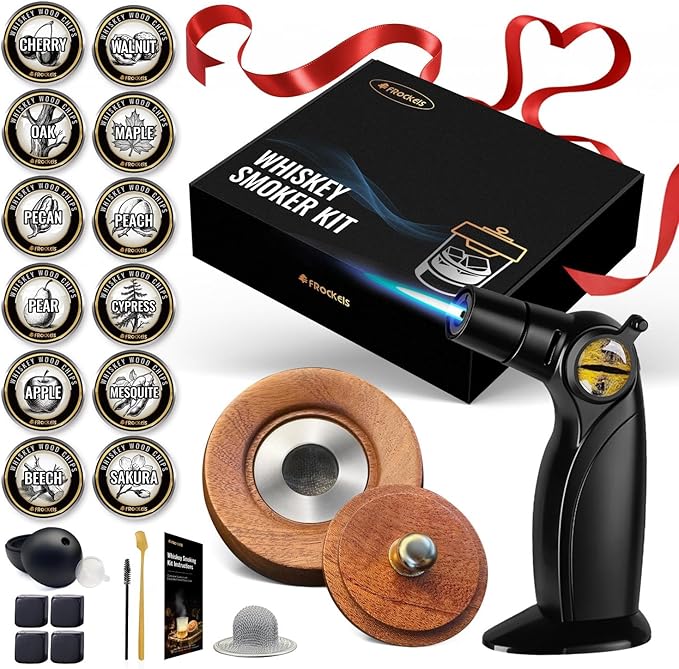 Cocktail Smoker Kit for Drinks with Torch, 22PCS Whiskey Smoker Gift Set, 12 Wood Chip Flavors, Ice Mold, Stone Cubes & Accessories for Home Bar (No Butane)