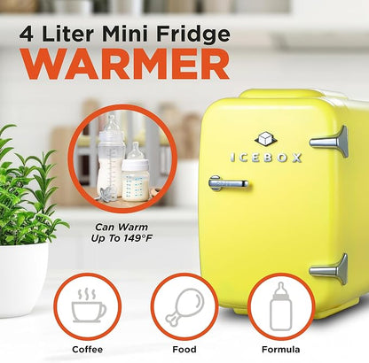 IceBox 4-Liter Mini Fridge Cooler/Warmer, IBMF4SUN, Sun Yellow | Portable Refrigerator Holds 6 Cans, Compact for Skincare, Beverages and Food, Includes 120V AC and 12V Car Adapters