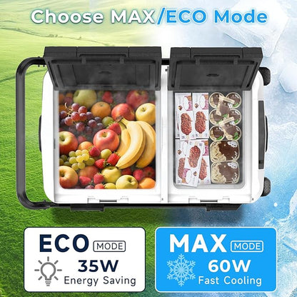 AS 12 Volt Refrigerator, 63QT(60L) Dual Temperature Zone Electric Cooler with Wheels, Portable Freezer 12V/24V DC 110-240V AC, -4℉-68℉ Car Fridge for Car, Marine, Home, Outdoor, etc