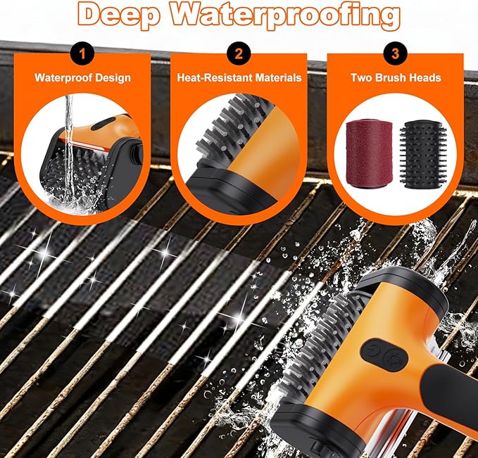2-in-1 Upgraded Electric Grill Brush and Polisher – 1000 RPM High-Torque Motor, 2600mAh Battery, LED Light – Bristle-Free BBQ Cleaner for Gas, Charcoal & Pellet Grills (Orange)