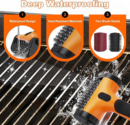 2-in-1 Upgraded Electric Grill Brush and Polisher – 1000 RPM High-Torque Motor, 2600mAh Battery, LED Light – Bristle-Free BBQ Cleaner for Gas, Charcoal & Pellet Grills (Orange)