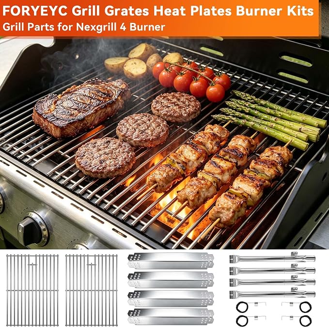 Grill Replacement Parts for Nexgrill 4-Burner 720-0830H 720-0830D 720-0783C 720-0783E 720-0958A,5-Burner 720-0888N, 17" Stainless Steel Grill Grate + Heat Plate + Burner Kit for Nexgrill