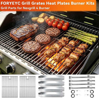 Grill Replacement Parts for Nexgrill 4-Burner 720-0830H 720-0830D 720-0783C 720-0783E 720-0958A,5-Burner 720-0888N, 17" Stainless Steel Grill Grate + Heat Plate + Burner Kit for Nexgrill