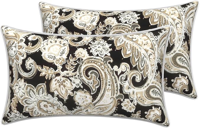 LVTXIII 2 Pack Outdoor Lumbar Pillow Covers 12x20 Inch with Piping, Water-Repellent Back Cushion Covers ONLY for Patio Furniture, Sofa, Garden Bench, Paisley Black