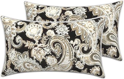 LVTXIII 2 Pack Outdoor Lumbar Pillow Covers 12x20 Inch with Piping, Water-Repellent Back Cushion Covers ONLY for Patio Furniture, Sofa, Garden Bench, Paisley Black