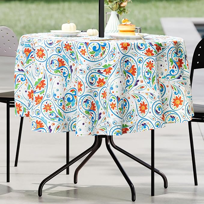 UMINEUX 60" Outdoor Round Tablecloth with Umbrella Hole and Zipper | Spring/Summer Waterproof Round Patio Table Cover for Picnic/BBQ/Garden, Peris Floral