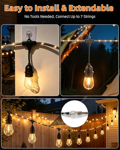 Outdoor String Lights With Lighted Tubing 24 ft, Commercial Grade String Lights with 13 (12+1spare) S14 Edison Bulbs & 72-LED Lighted Tubing, IP65 Waterproof Bistro Light for Patio, 2700K Warm White