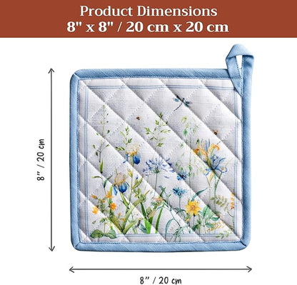 Maison d' Hermine Pot Holders 100% Cotton Heat Resistant Potholders 8" x 8" Hot Pads with Loop BBQ Cooking Baking Hotel Farmhouse Kitchen Handling Hot Pans Spring Summer (Pack of 2, Fleurs De Mai)