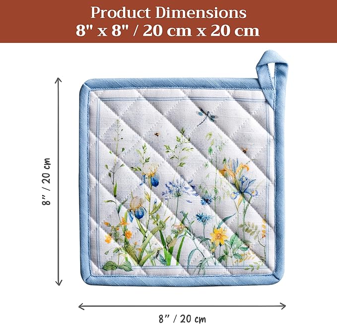Maison d' Hermine Pot Holders 100% Cotton Heat Resistant Potholders 8" x 8" Hot Pads with Loop BBQ Cooking Baking Hotel Farmhouse Kitchen Handling Hot Pans Spring Summer (Pack of 1, Fleurs De Mai)