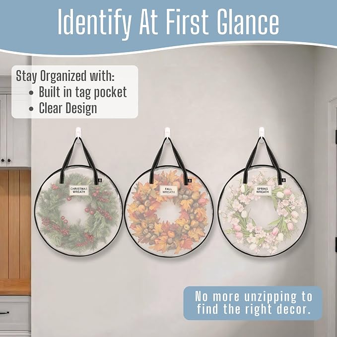 VENO 4 Pack Summer Wreath Storage Container, 24 Inch Clear Wreath Bag, Spring, Christmas Garland Decoration Organizers with Zipper and Durable Handles (Clear, 24"-4 Pack)