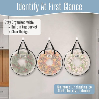 VENO 4 Pack Summer Wreath Storage Container, 24 Inch Clear Wreath Bag, Spring, Christmas Garland Decoration Organizers with Zipper and Durable Handles (Clear, 24"-4 Pack)