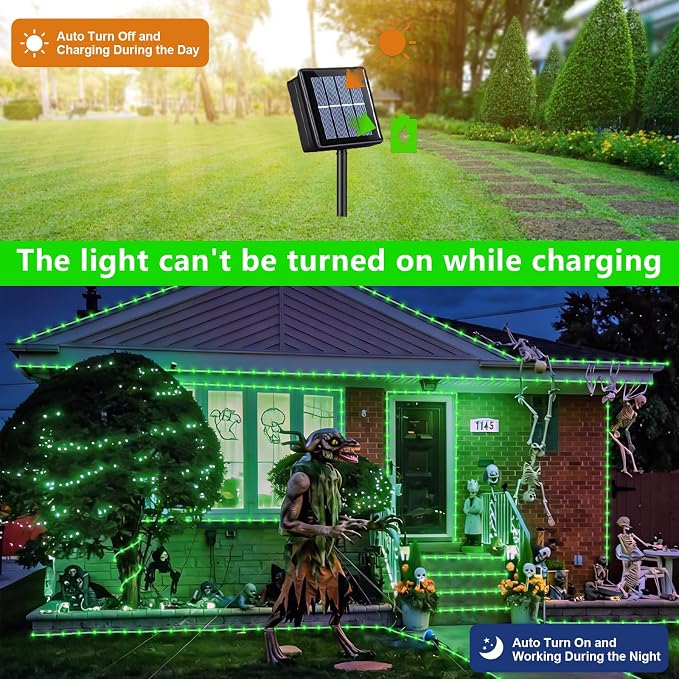 QITONG Green Solar Halloween Lights Outdoor Waterproof, 2 Pack Each 33ft 100 LED Rope Lights, Fairy Lights in Clear Thin Tube with 8 Modes