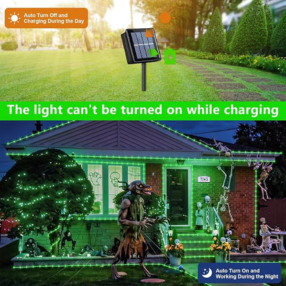 QITONG Green Solar Halloween Lights, 66ft 200 LED Solar Rope Lights Outdoor, 8 Modes Fairy Lights in Clear Thin Tube