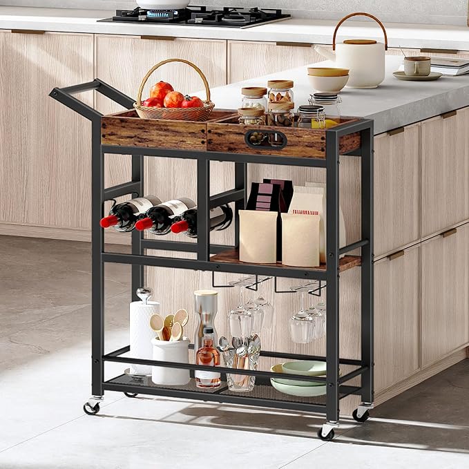HOOBRO Bar Cart, Bar Cart for The Home, 3-Tier Home Bar Serving Cart with Removable Tray, Kitchen Cart with Wine Rack and Glass Holder, for Bar, Living Room, Party, Rustic Brown and Black BF62TC01