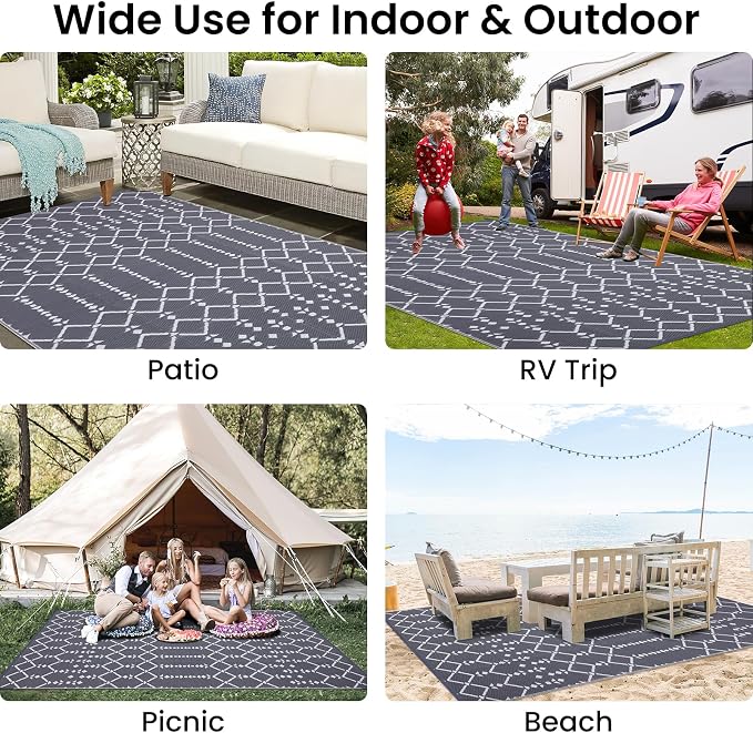 Smiry Outdoor Rug 6x9 ft Waterproof Reversible Boho Mat, Grey | Polypropylene Plastic Straw, Quick Drying, Lightweight Foldable, for Patio, Deck, RV Camping, Backyard and Indoor Outdoor Use