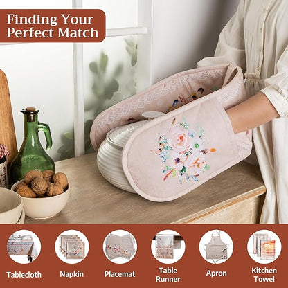 Maison d' Hermine Double Oven Mitts 100% Cotton 7"x35" Double Oven Mitt Heat Resistant BBQ Cooking Gloves with Loop Baking Grilling Kitchen Hotel Home Farmhouse Spring Summer (Ibiza - Beige)