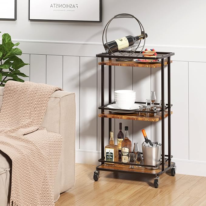 XYZLVSI Bar Cart, Home Bar Serving Cart, 3 Tier Kitchen Shelf with Wheels | Wood and metal, kitchen island storage cart with wheels, multifunction utility cart storage rack for dining room, living room