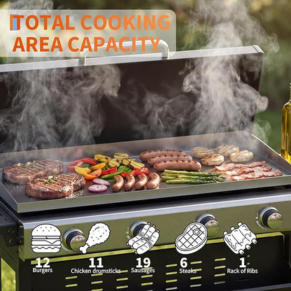 Garvee 4 Burner Propane Gas Griddle with Removable Cart – Convertible Flat Top Grill with Hood, 32,000 BTU Portable Griddle for Camping, Tailgating, Backyard – Black