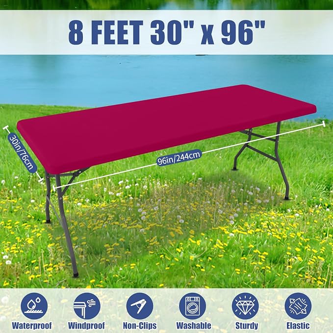Moosfor 2 Pack Rectangle Spandex Fitted Table Cloth, 8FT Elastic Tablecloth | Washable Picnic Table Cover, Stretch Waterproof Table cloths for Party, Patio, Dining, Kitchen, 30" x 96", Fuchsia