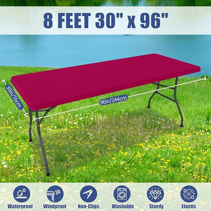 Moosfor 2 Pack Rectangle Spandex Fitted Table Cloth, 8FT Elastic Tablecloth | Washable Picnic Table Cover, Stretch Waterproof Table cloths for Party, Patio, Dining, Kitchen, 30" x 96", Fuchsia