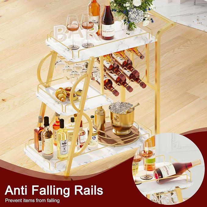 Bar Cart, Gold Bar Carts for The Home, Serving Cart with Wine Glass Holder, 3-Tier Drink Carts with Wheels, Rolling Beverage Trolley for Kitchen, Dining, Living Room (Gold & Marbleized White)