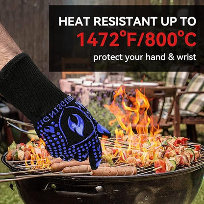 BBQ & Grill Gloves, Oven Gloves, 1472°F Silicone Oven Mitts Heat Resistant Grilling Gloves Fireproof Non-Slip for Barbecue Cooking Baking Smoking, 1-Pair (Blue, Medium)