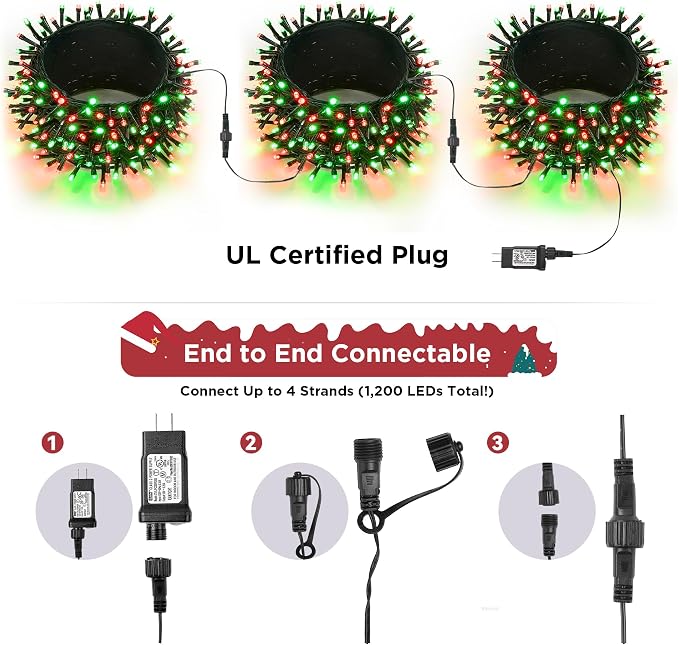 WBao Christmas Lights Indoor Outdoor 300LED 108ft, Super Bright LED Christmas String Lights with UL Certified, 8 Modes, Timer, Connectable & Waterproof for Trees, Patio, Xmas Party Decor, Red Green