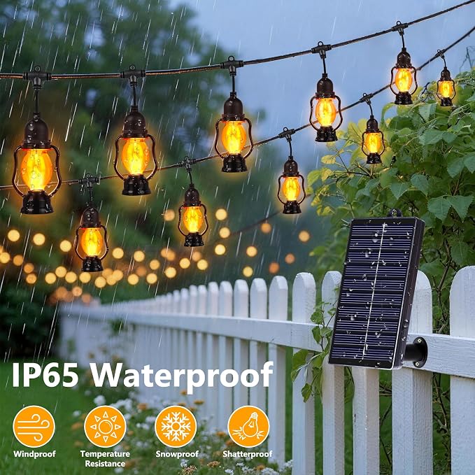 Solar Flame String Lights Outdoor, 29FT Solar Halloween Light with 15 Bulbs | Flickering Flame, Waterproof Solar Powered Outdoor Lights for Yard Patio Bistro Porch Garden Home Halloween Decorations