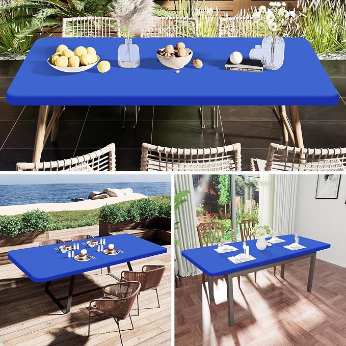 Smiry Rectangle Tablecloth, Elastic Fitted Flannel Backed Vinyl Tablecloths for 8ft Folding Tables, Waterproof Wipeable Table Covers for Indoor, Outdoor, Picnic and Camping (Blue, 36"x96")
