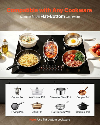 VEVOR Electric Cooktop 30inch 5 Burners Stove Top 8900W 220V No Plug, Ceramic Built-in Radiant Electric Stove, with 9 Power Levels, Timer, Child Lock, Over-Heat Guard, Touch Control
