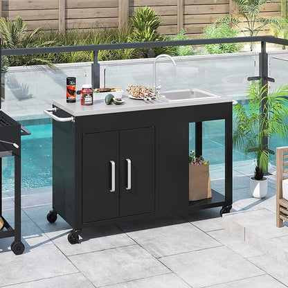 Happygrill 56" Outdoor Grill Table with Sink & Drainage, Heavy Duty Metal Grill Cart with Stainless Steel Top & Storage Cabinet, Outdoor Prep Table with Handles & Wheels for Patio, Garden & Backyard