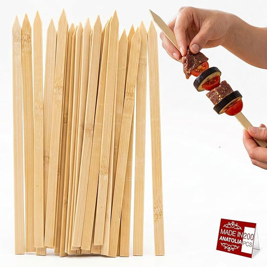 Hakan 9.8” Bamboo BBQ Skewers 200 Pcs | Flat Kabob Skewers for Grilling Meat, Vegetables & Fruit | Shish Kebob Food Sticks | Cocktail Picks, Strong Appetizer Sticks for Party & BBQ, (25 cm x 1 cm)