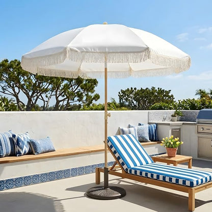 7FT Boho Patio Umberlla with Fringe,UPF50+ Outdoor Umbrella with Fiberglass Ribs and Push Button Tilt,Tassels Umbrella for Beach,Terrace,Picnic