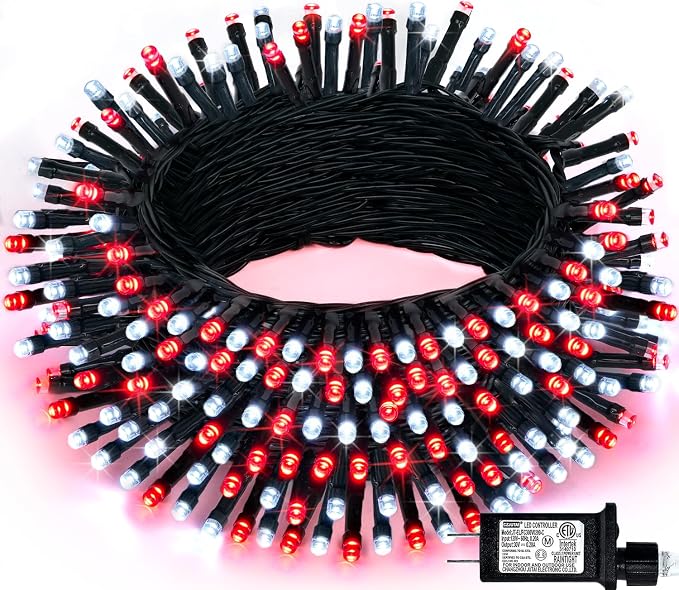 JMEXSUSS 200 LED Red and White Christmas Lights, 66ft String Lights Plug in | Connectable, 8 Modes, Green Wire Twinkle Christmas Lights for Tree Bedroom Mantel Fireplace Porch Yard Indoor Outdoor Decor