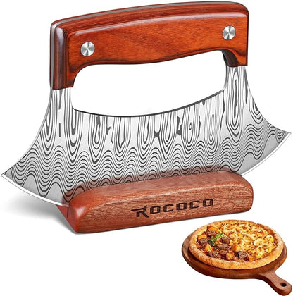 ROCOCO Pizza Cutter Ulu Knife – Full Tang Mezzaluna Rocker Knife with Wood Block for Kitchen Gifts for Men Women