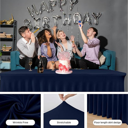 4 Pack Navy Spandex Table Covers 8ft Rectangle Ruffle Skirts for Party | Elastic Table Covers 8 Foot, Pleated Fitted Table Cloths, Wrinkle Resistant Elegant Table Skirts Wedding, Banquets