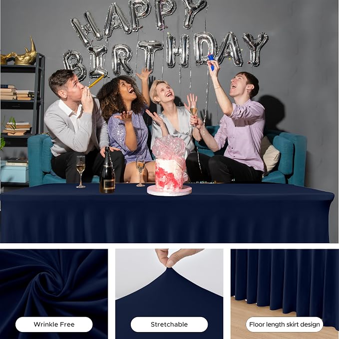 4 Pack Navy Spandex Table Covers 4ft Rectangle Ruffle Skirts for Party | Elastic Table Covers 4 Foot, Pleated Fitted Table Cloths, Wrinkle Resistant Elegant Table Skirts Wedding, Banquets