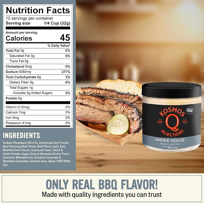 Kosmos Q Smoke House Reserve Blend Injection, BBQ Marinade for Brisket, Beef & More, Smoky Mesquite Flavor, Moisture-Retaining Meat Seasoning for Smoking & Grilling, 16 Oz Jar