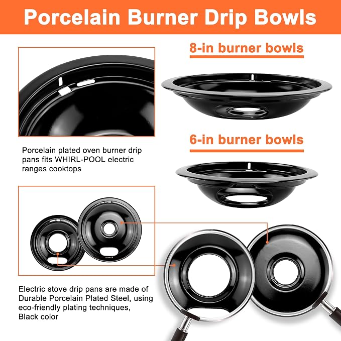 MP22YA Stove Burner & Black Porcelain Drip Pan with 330031 Receptacle Kit | Porcelain Stove Drip Pans of 4 & MP22YA Electric Range Burner Fit for Amana Whirlpool Stove, Replace W10290350 W10290353