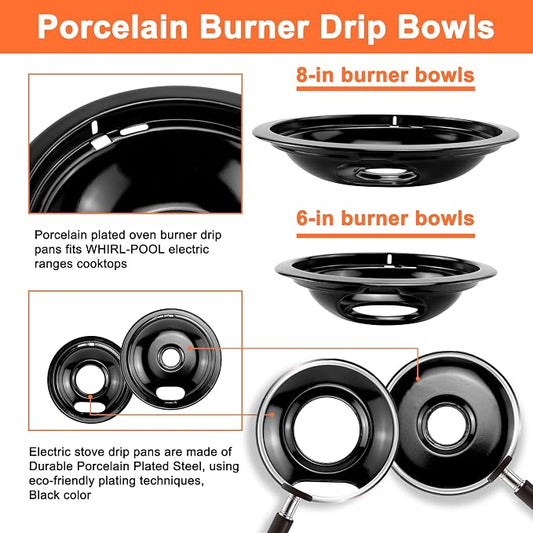 MP22YA Stove Burner & Black Porcelain Drip Pan with 330031 Receptacle Kit | Porcelain Stove Drip Pans of 4 & MP22YA Electric Range Burner Fit for Amana Whirlpool Stove, Replace W10290350 W10290353