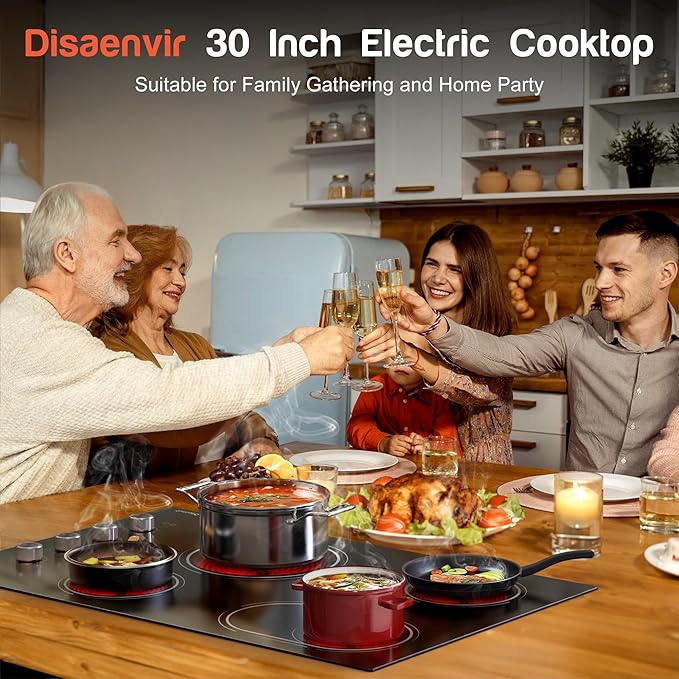 Electric Cooktop 30 Inch Knob Control, 6700W 240V Hard Wired | 4 Burner 30 Inches Glass Electric Stove Top Built-in, Dual & Expanded Ring, 9 Power Heating Levels, 220V No Plug
