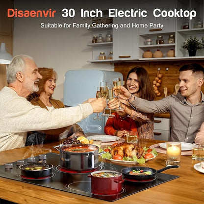 Electric Cooktop 30 Inch Knob Control, 6700W 240V Hard Wired | 4 Burner 30 Inches Glass Electric Stove Top Built-in, Dual & Expanded Ring, 9 Power Heating Levels, 220V No Plug