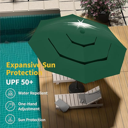 Kingdura 9ft 3-Tier Patio Umbrella with Solar Lights, Table Umbrella Outdoor Patio with Easy Crank & Tilt, 8 Sturdy Ribs, UV Protection, 32 LED Lights for Deck, Poolside, Market (Dark green)