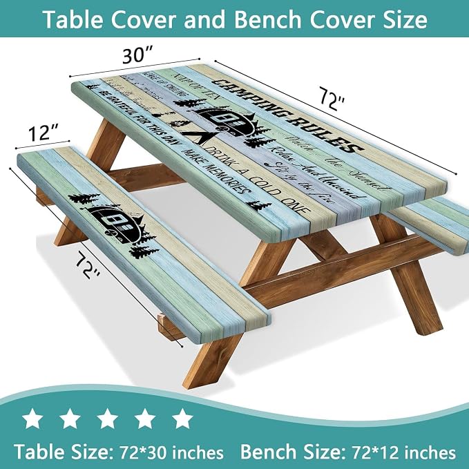 Wooden Camping Rules Picnic Table Cover with Bench Covers and Bag, Waterproof Windproof, Fitted Tablecloth Cover with Elastic Edge, for Indoor & Outdoor, Garden, Camping, 3 Pieces Set, 30x60 Inch