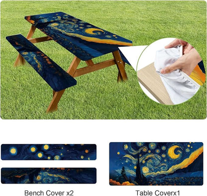 ANNA QUEEN Artistic Starry Night 6FT Picnic Table Cover with Bench Covers Set of 3 with Drawstring Bag, 72"x30" Waterproof Fitted Picnic Tablecloth & Bench Seat Covers for Outdoor Camping Patio