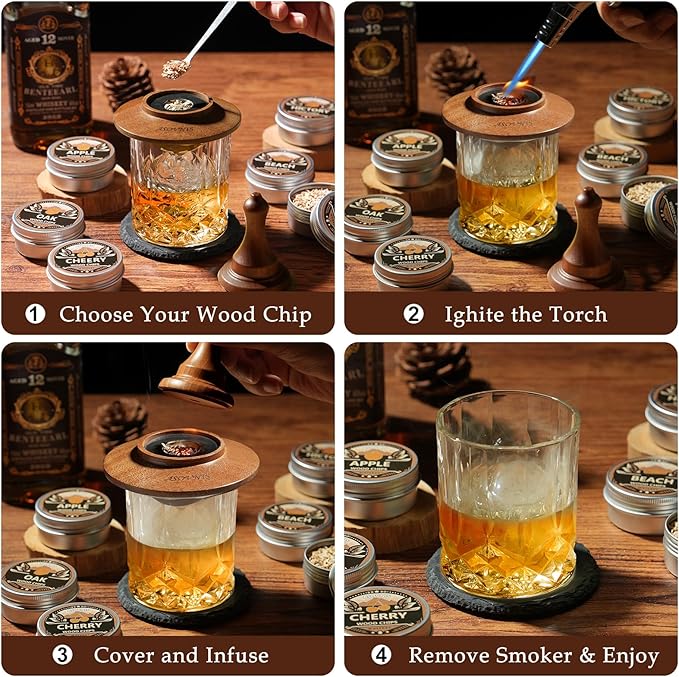 Whiskey Smoker Kit with Torch - 6 Flavors Wood Chips, 2 Glasses, Cocktail Smoker Infuser Kit, Old Fashioned Drink Smoker Kit, Birthday Valentine's Day Bourbon Whiskey Gifts for Men, Dad(No Butane)