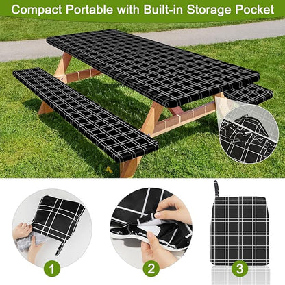 Picnic Table and Bench Cover Set, Waterproof Fitted Elastic Cloth | Portable Camping Essentials With Built-In Storage Pocket And Waterproof Fabric For Outdoor RV Or Picnic Table Use