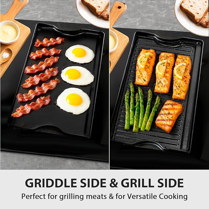 Utheer Griddle Kit, 16.5" x 10.5" Reversible Cast Iron Flat Top Griddle with 5-Piece Scratch-Free Nonstick Safe Nylon Tools, Ceramic Nonstick Grill Griddle for Stove Top, Gas Grill, BBQ and Camping