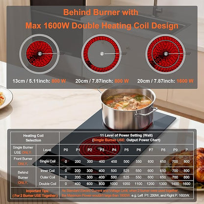 Dual Coil Design of Double Burner Electric Cooktop, 1800W Ceramic Hot Plate for Cooking, Portable Countertop Infrared 2 Burner or 12inch Built-in Radiant Stove Top Cooker, Compatible with All Cookware